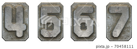 Set of numbers 4, 5, 6, 7 made of industrial metal on white background 3d Set of numbers 4, 5, 6, 7 made of industrial metal on white background 3d 70458111