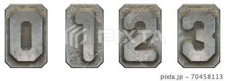Set of numbers 0, 1, 2, 3 made of industrial metal on white background 3d Set of numbers 0, 1, 2, 3 made of industrial metal on white background 3d 70458113