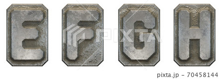 Set of capital letters E, F, G, H made of industrial metal isolated on white background. 3d Set of capital letters E, F, G, H made of industrial metal isolated on white background. 3d 70458144