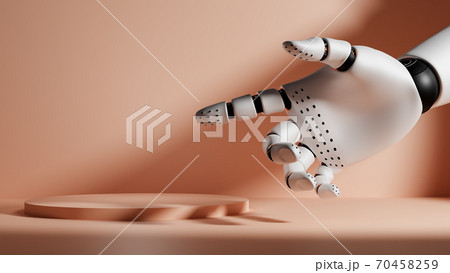 Robotic hand points to empty podium or stand. Pastel background 70458259