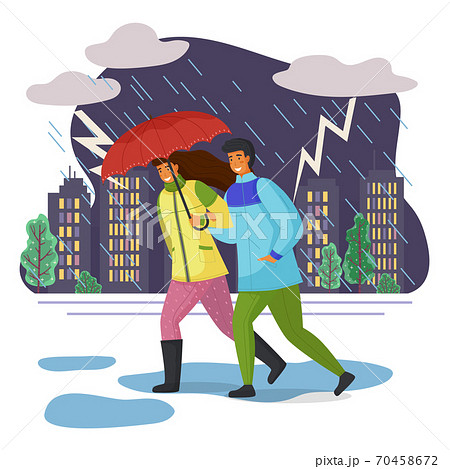 Couple goes in pouring rain, escaping under umbrella. Evening city, lightning sparkles, rain pours Couple goes in pouring rain, escaping under umbrella. Evening city, lightning sparkles, rain pours 70458672