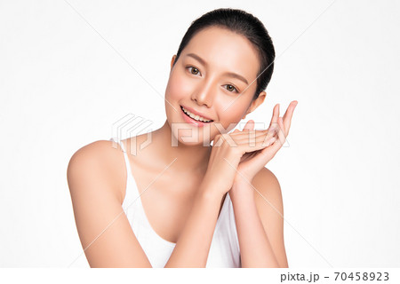 Beautiful young asian woman with clean fresh skin on white background, Face care, Facial treatment, 70458923