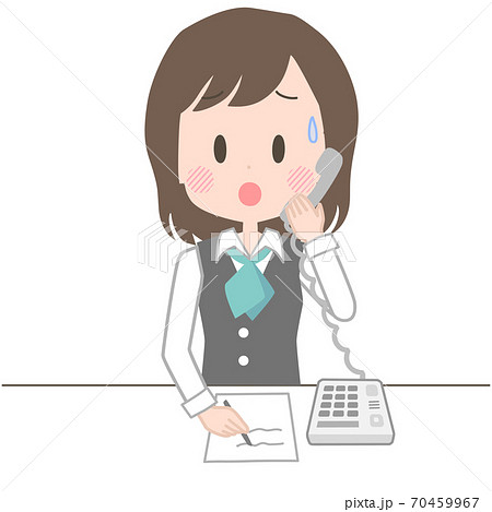困った表情で電話応対をする事務員の女性のイラスト素材