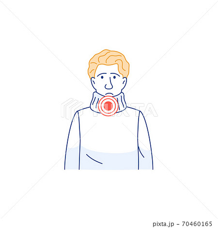 Sore throat pain, difficulty swallowing thin line icon. Young man avatar with sick throat isolated on white. Flu common cold influenza infection disease symptom Outline medical vector illustration Sore throat pain, difficulty swallowing thin line icon. Young man avatar with sick throat isolated on white. Flu common cold influenza infection disease symptom Outline medical vector illustration 70460165