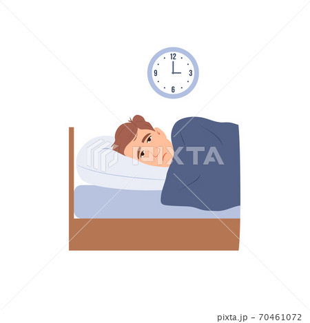 Man with insomnia flat isolated icon. Sleepless person cartoon character suffer. Face with open eyes in darkness night lying on bed concept Sad male awake tired can t dream problem illustration Man with insomnia flat isolated icon. Sleepless person cartoon character suffer. Face with open eyes in darkness night lying on bed concept Sad male awake tired can t dream problem illustration 70461072