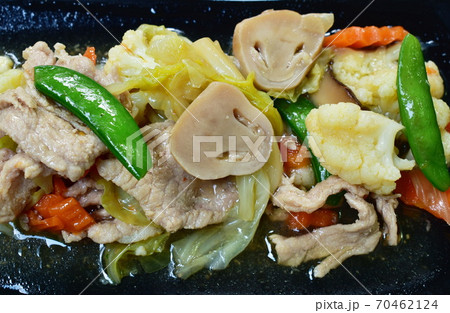 fried mixed vegetable with slice pork with soy sauce on plate fried mixed vegetable with slice pork with soy sauce on plate 70462124