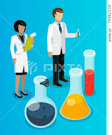 Chemists woman and man with test tubes. Large vessels and flasks with liquids. Chemical oil refining Chemists woman and man with test tubes. Large vessels and flasks with liquids. Chemical oil refining 70462550