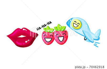 Glossy Stickers with Lips and Strawberry Smiley Vector Set 70462918