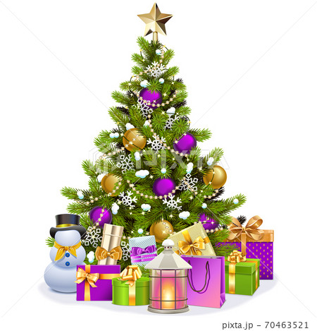 Vector Snowy Christmas Tree with Purple Decorations 70463521