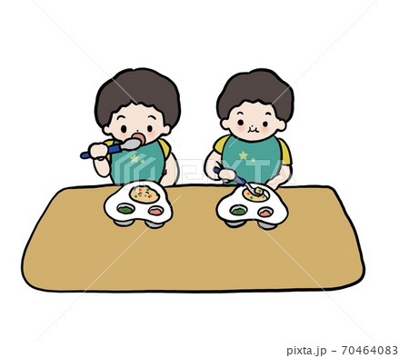 食事をする双子の男の子のイラストのイラスト素材