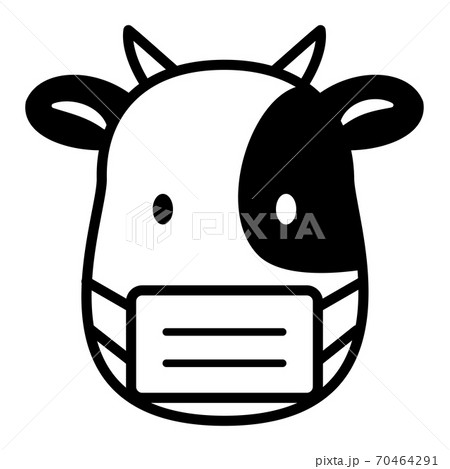 マスクをしている牛のモノクロイラストのイラスト素材