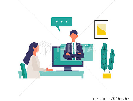 テレビ会議、オンラインレッスンを受ける女性のイラスト 70466268