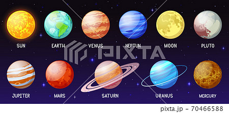 Cartoon solar system. Space planets, moon, sun, astronomical sphere earth mars mercury jupiter and venus. Galaxy space bodies vector illustration set 70466588