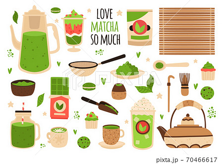 Matcha tea. Matcha powder, tea pot, sweets and matcha pastry, healthy delicious food and beverages, hand drawn matcha tea vector illustration set Matcha tea. Matcha powder, tea pot, sweets and matcha pastry, healthy delicious food and beverages, hand drawn matcha tea vector illustration set 70466617