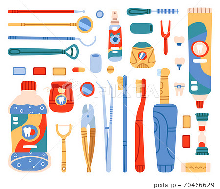 Dental cleaning tools. Toothbrush, toothpaste, dental floss, mouth cleaning and oral hygiene hand drawn tools. Dental care vector illustration set 70466629