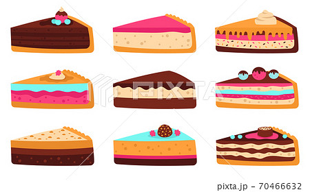 Cake slices. Sweet sliced birthday pie, cheesecake, layered sponge cake, delicious pastry glaze fruit, chocolate dessert vector illustration set 70466632