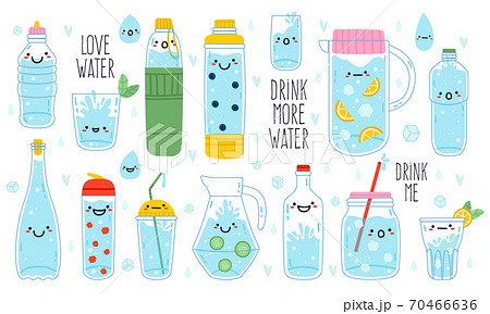 Doodle drink more water. Cute funny hand drawn water mascots in mug, glass and bottle, healthy rituals drink more water vector illustration set Doodle drink more water. Cute funny hand drawn water mascots in mug, glass and bottle, healthy rituals drink more water vector illustration set 70466636