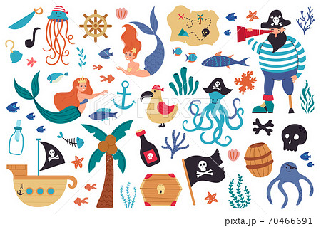 Pirates and mermaids. Sea underwater creatures and marine symbols, sail ship, jolly roger, treasure map and cute mermaids vector illustration set 70466691