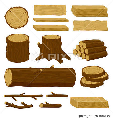 Wood trunks. Tree lumber, wood logs, logging twigs and wooden planks, stacked firewood material isolated vector illustration icons set Wood trunks. Tree lumber, wood logs, logging twigs and wooden planks, stacked firewood material isolated vector illustration icons set 70466839