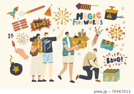Happy Characters Enjoying Fireworks Outdoor for Christmas or New Year Holiday Celebration, Man Carry Box with Petards 70467013