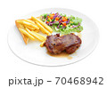 Chicken steak and french fried round plate on white background. 70468942