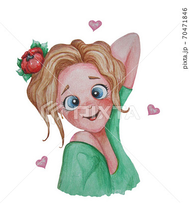 Cute blonde girl. A beautiful, smiling sexy girl with a scarlet flower in her hair on a white background with hearts. Watercolor. Hand drawing. For design and congratulations on valentine's day 70471846