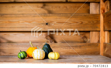 Small various colored pumpkins on wooden shelf and background, autumn pumpkin decoration, colorful modern design with space for text 70472813