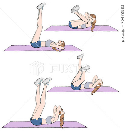 マットに寝転んで足を開く体操をする女の子のイラスト 4つセット のイラスト素材
