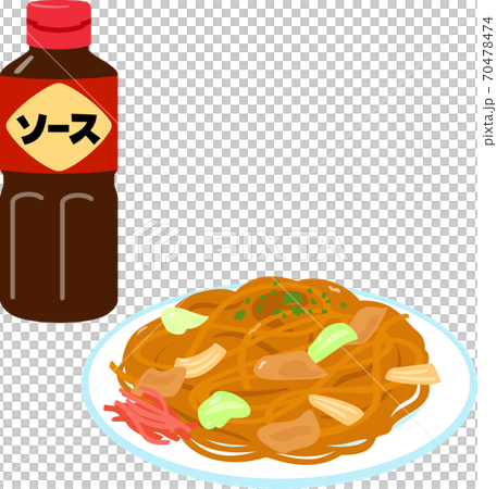 焼きそばとボトル入りのソース 70478474