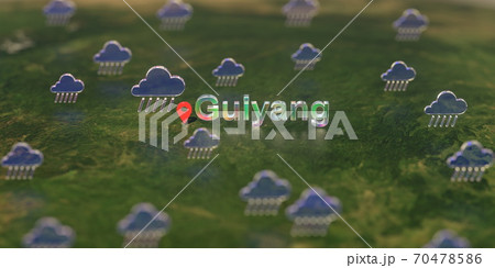 Rainy weather icons near Guiyang city on the map, weather forecast related 3D rendering Rainy weather icons near Guiyang city on the map, weather forecast related 3D rendering 70478586