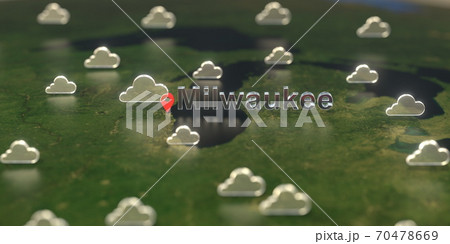 Cloudy weather icons near Milwaukee city on the map, weather forecast related 3D rendering Cloudy weather icons near Milwaukee city on the map, weather forecast related 3D rendering 70478669