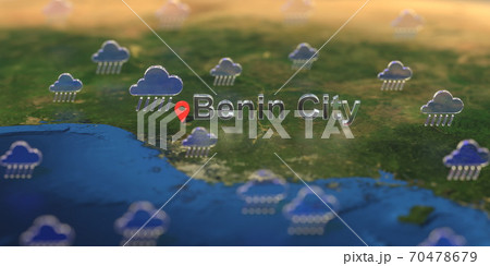Rainy weather icons near Benin City on the map, weather forecast related 3D rendering 70478679