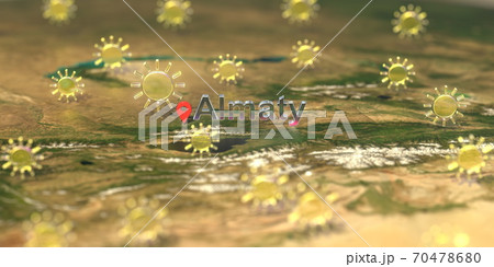 Sunny weather icons near Almaty city on the map, weather forecast related 3D rendering 70478680