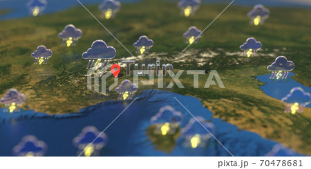 Stormy weather icons near Turin city on the map, weather forecast related 3D rendering Stormy weather icons near Turin city on the map, weather forecast related 3D rendering 70478681