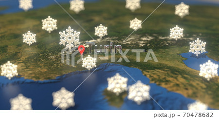Snowy weather icons near Turin city on the map, weather forecast related 3D rendering Snowy weather icons near Turin city on the map, weather forecast related 3D rendering 70478682