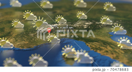 Partly cloudy weather icons near Turin city on the map, weather forecast related 3D rendering 70478683