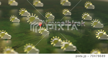 Partly cloudy weather icons near Novosibirsk city on the map, weather forecast related 3D rendering 70478689