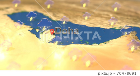 Doha city and stormy weather icon on the map, weather forecast related 3D rendering Doha city and stormy weather icon on the map, weather forecast related 3D rendering 70478691