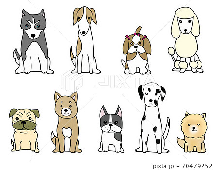 おすわりする9種類の犬のイラスト素材