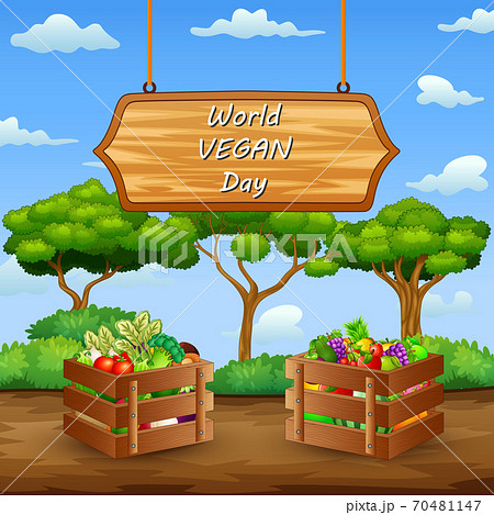 Happy World Vegan Day with vegetables in wooden box Happy World Vegan Day with vegetables in wooden box 70481147
