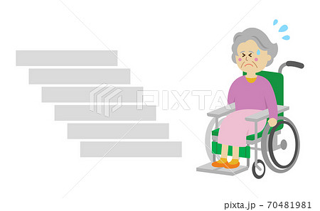 階段に困る車椅子の高齢者イラストイメージのイラスト素材