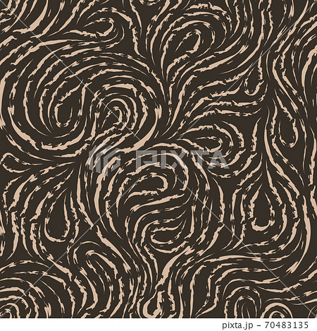 Abstract vector seamless pattern in black color from torn lines in the form of spirals of loops and curls.Texture for decoration of fabrics or wrappers in beige isolated on brown background 70483135