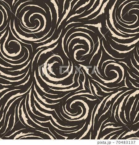 Seamless vector brown pattern of smooth lines with torn edges in the form of corners and spirals. Dark texture for finishing fabrics or wrapping paper in pastel colors 70483137