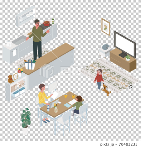 Illustration of a woman teleworking in the isometric living room, a man in the kitchen, and a family 70483233