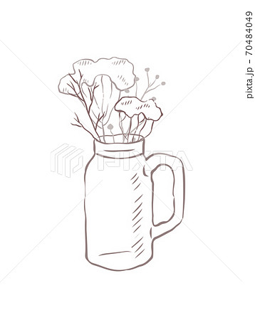 Pencil sketch jars with a bouquet of herbs and branches on a white background. Spring herbs in a vase. Vector rustic illustration 70484049