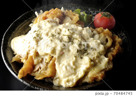 ミニトマトなど野菜も一緒に乗っているタルタルソースたっぷりの熱々チキン南蛮丼(黒背景) ミニトマトなど野菜も一緒に乗っているタルタルソースたっぷりの熱々チキン南蛮丼(黒背景) 70484745