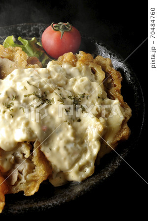 ミニトマトなど野菜も一緒に乗っているタルタルソースたっぷりの熱々チキン南蛮丼（黒背景） 70484760