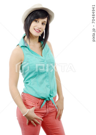 pretty brunette girl with a summer hat pretty brunette girl with a summer hat 70484941
