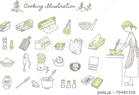 料理をする女性とキッチン用品のイラストセットのイラスト素材