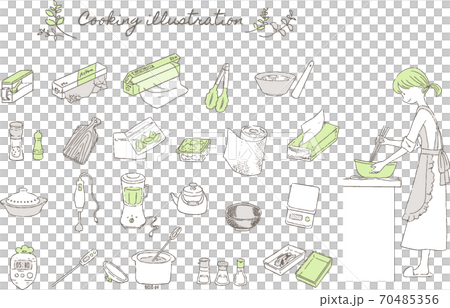 料理をする女性とキッチン用品のイラストセット 70485356